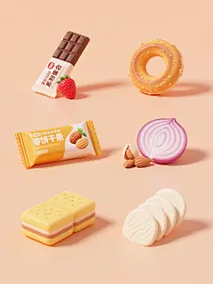 软3D风格的零食系列素材集合海报，纯色背景（非白色，如柔和的浅橙色），整体色彩明快活泼，展示6个完全不同种类的零食，包括巧克力棒、草莓味饼干条、洋葱圈、杏仁坚果、黄色方形糕点、白色薄片状点心，每种零食造型饱满立体，具有光滑的材质感和轻微的高光效果，零食包装设计简洁，带有清晰的产品名称和图案，所有零食整齐有序地排列在画面中，形成均衡的视觉布局，营造出诱人、欢快的氛围，符合食品宣传海报的设计感，视觉层级清晰，主体零食突出，信息传达高效。