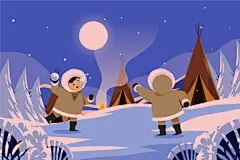 扁平卡通冬季冬日夜晚小镇雪景北极熊风景插画海报ai矢量设计素材-淘宝网