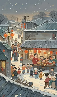 春节雪景街景庆春插画图形