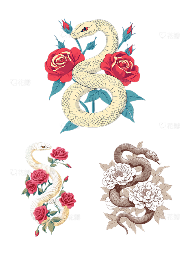 蛇年春节蛇缠绕花朵元素组合