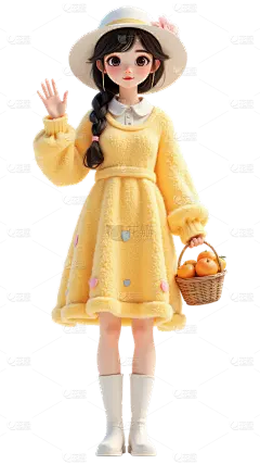 人物系列3D风麻花辫连衣裙可爱女生全身元素