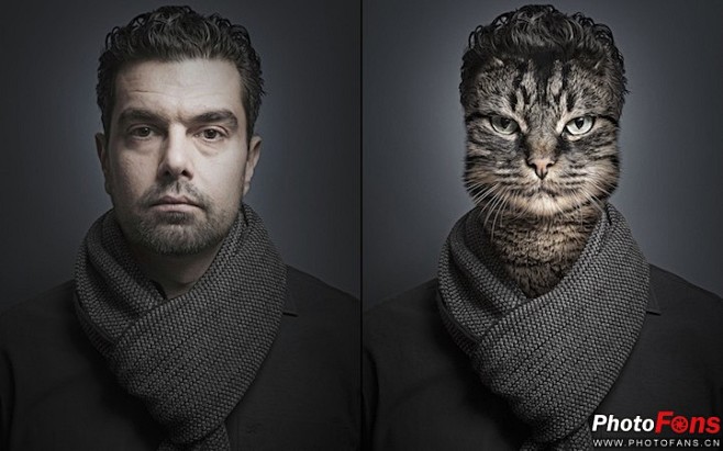 摄影师将猫和主人后期合成变猫脸人