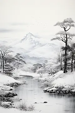 AI数字艺术国风水墨大雪小雪雪景插画