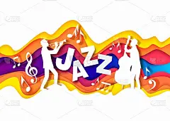 剪纸音乐家剪影演奏小号和低音提琴，音乐音符。矢量插图在纸艺术风格。
