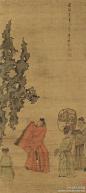 #陈老莲#【 明末清初 陈洪绶 《米芾拜石图》 】立轴，绢本设色，112×50cm。 画面上方嶒崚玲珑不可名状的奇石下，米芾乌帽红袍，手持长笏，神色端庄，恭敬虔诚地对石拜揖。待从三人二背一正，恭手而立，肃然起敬的表情，增添了画面静穆肃然的气氛。将“米颠”狂放、戏谑精神世界表露无遗。