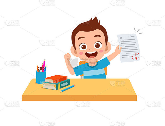 可爱的小男孩因为考试取得好成绩而感到高兴