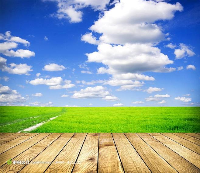 蓝天白云草坪木板