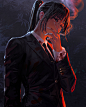 General 3277x4096 GUWEIZ artwork digital art digital painting portrait display long hair black hair cigarettes black clothing smoking looking at viewer suits tie