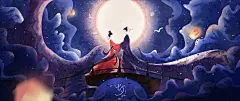 七夕节 牛郎织女 手绘 插画3440x1440壁纸