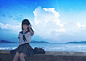 animal bird black_eyes clouds long_hair nakamura_yukihiro original scenic school_uniform skirt sky stars summer water