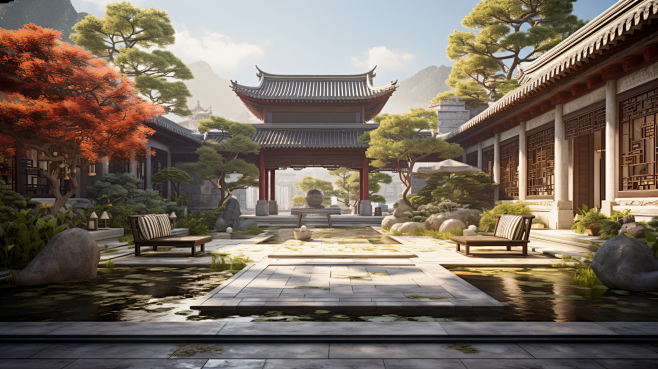 千库网_中国风古典庭院园林背景7_背景编号6532352