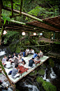 From June to September, Kibune's restaurants build covered platforms out over the river where visitors can enjoy a meal as the water flows beneath them. Known as kawadoko, dining on the platforms is a relaxing experience and an excellent way to escape the