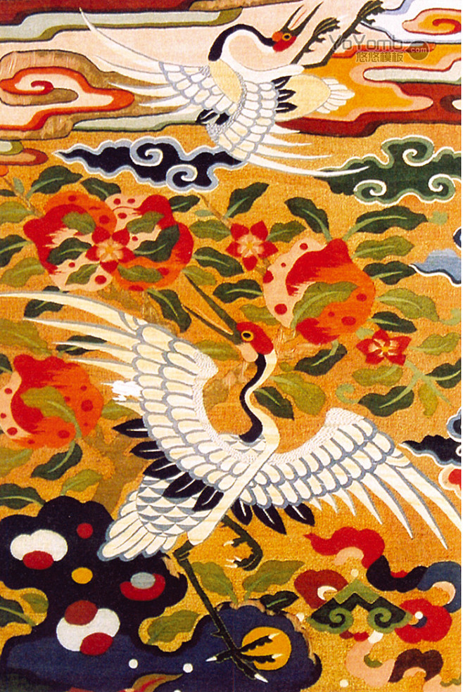 中国传统元素 刺绣 仙鹤 牡丹
