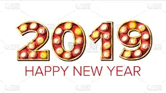 2019新年快乐向量。背景装饰。贺卡设计。2019灯标志。3D电子发光数字。假日复古金色霓虹灯。灯泡
