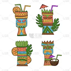 矢量提基鸡尾酒-插图集孤立的白色背景
