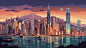 矢量缤纷炫彩霓虹城市风景插画