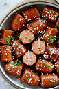 Honey Sriracha Sausage Bites - sticky, sweet and spicy sausage bites with honey sriracha sauce. An easy delicious appetizer that is a crowd pleaser | rasamalaysia.com