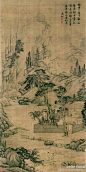 #吴门四家#【 明 文徵明 《携琴访友图》 】绢本设色，40X80cm。“携琴访友”这一题材，在古代绘画、瓷器、漆器和雕刻中十分常见。历史上与琴有关的故事，最著名的有“高山流水”：俞伯牙携琴去访钟子期，半路上听说他已经死了，感慨知音难再，碎琴以报。另有“对牛弹琴”：公明仪对牛抚弦弄琴的故事。