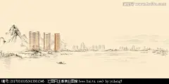 水墨江景豪宅 地产广告 高层 金色房子 山水 国画 水墨风格 背景