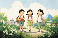 学生放暑假漫画风夏天插画