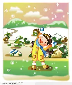 冬季儿童插画－穿着棉袄看雪兴奋的女孩