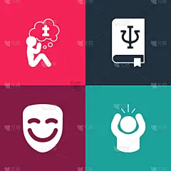 集流行艺术愤怒、喜剧戏剧面具、心理书、普赛和曼墓葬礼悲伤的图标。向量