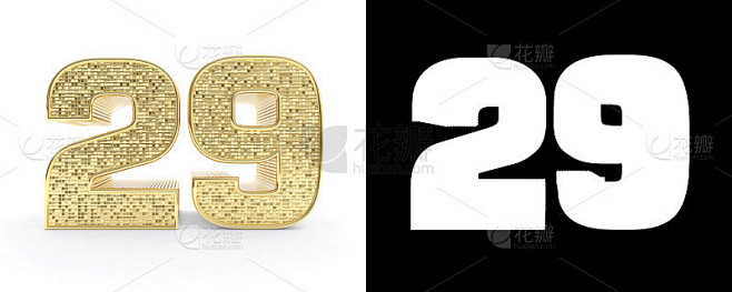 金色数字29(数字29)白色背景下的投影和alpha通道。三维演示