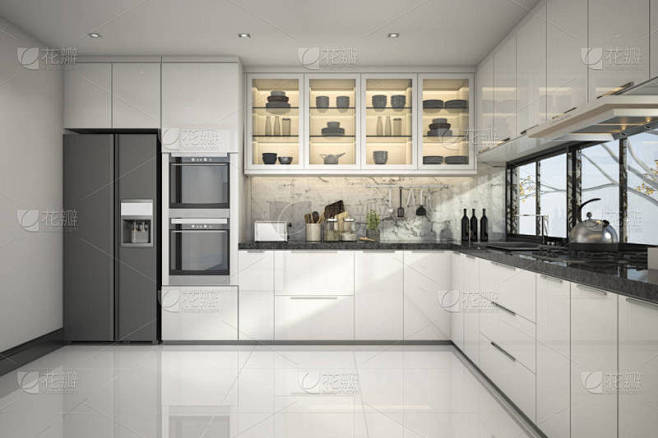 3d 渲染美丽的现代白色厨房与大理石装饰