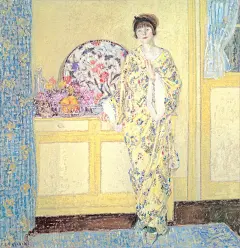 【美国印象派绘画大师 Frederick Carl Frieseke 作品】
弗雷德里克·卡尔·弗里塞克Frederick C. Frieseke (1874-1939)是20世纪初活跃于法国吉弗纳的著名美国印象派画家。 弗里塞克擅长于描绘丰满而优美的女性肖像，画中人物往往出现于绿丛茂盛和鲜花缤纷的花园，这种形象色彩的丰富性与人物服饰中的图案形成鲜明的对比。同时描绘荒凉的原野也是其另一种趣味爱好。他曾声称自己关心的是光，以及与之相关的“阳光下的鲜花、阳光下的女孩、阳光下的裸体”。 

