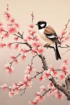 AI数字艺术中国风梅花喜鹊水墨画插画-众图网