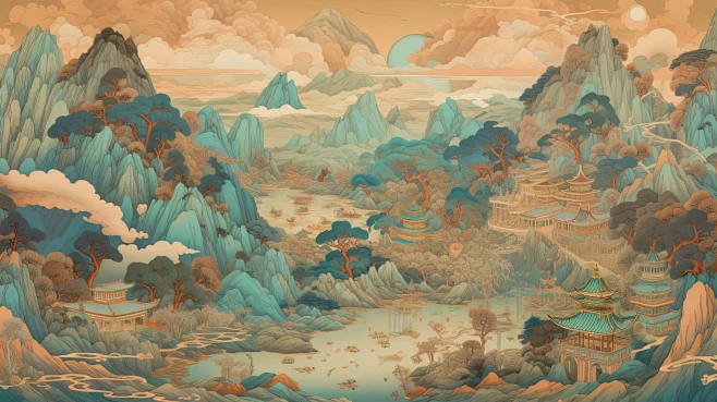 摄图网_402479427_古风山水画美丽的山川河流树木风景数字艺术（非企业商用）-花瓣网