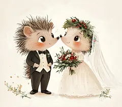 A cute illustration of two hedgehogs that just got married, the boy has a cute tux and the girl has a wedding dress and veil. It has a Christmas theme, she has a bouquet with red and green colors and a white background
--ar 8:7
--v 6.1