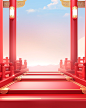Red floor background with golden frame and chinese temple, in the style of soft, romantic landscapes, physically based rendering, vibrant stage backdrops, light red and white, superflat, detailed marine views, soft gradients