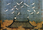 This is a painting entitled Auspicious Cranes by Huizong of Song (1082-1135) a Chinese emperor and painter during Song Dynasty.