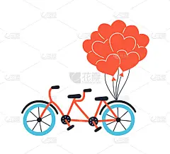 双人自行车和红色气球。自行车和心脏。手绘矢量图
