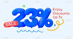 夏季特别销售旗帜23%折扣形式的3d蓝色气球太阳矢量设计，季节性购物促销广告，插图3d数字标签优惠标