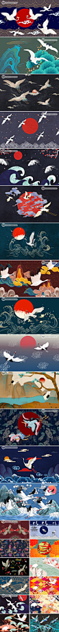 古典中式中国风仙鹤祥云图案古风PSD设计背景素材纹理插画图