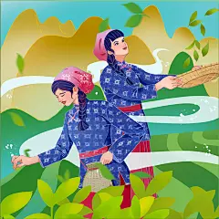 江南美女国风采茶茶叶人物插画