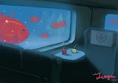 梵高的左耳  的插画 她说看见鱼在车窗外的天空中飞 这让我记起小时候最喜欢的颜色是蓝色 而不知道什么时候开始 变成黑与白了 让我再喜欢蓝吧 在这工作丢掉的时刻