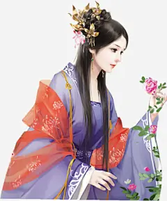 花朵紫衣古风手绘女子免抠素材 平面电商 创意素材 png素材