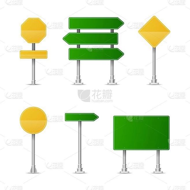 逼真的绿色街道和道路标志。城市说明向量。街道交通标志模拟孤立，指示牌或路标方向模拟形象