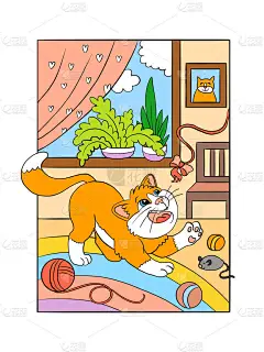 在舒适的家玩猫很可爱.在白色背景上孤立的手工绘制的矢量卡通画。平面设计。用于书籍、教育、印刷、游戏、