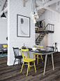 Loft branco, preto, cinza e amarelo em Praga: 