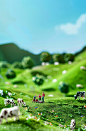 A green grassy field with cows and people working in the background, a blue sky, in the miniature world style, with high definition photography. The image is detailed, clean, fresh, happy, joyful, bright, with natural lighting. Vibrant colors are used, an