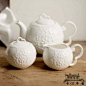 蕾丝浮雕 立体蝴蝶 白色陶瓷茶壶 奶杯 糖缸