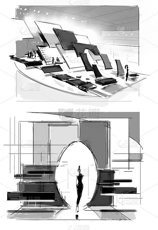 展览室内图片。黑白图形插图。