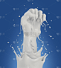 3D渲染牛奶飞溅在强大的手形概念，剪切路径