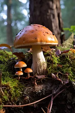 青苔覆盖下的冬牛肝菌食物摄影图片