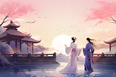 卡通中国风汉服情侣七夕牛郎织女插画图片