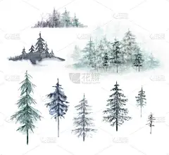 一套山岭和森林的水彩画。西伯利亚、加拿大、芬兰。森林景观，手绘